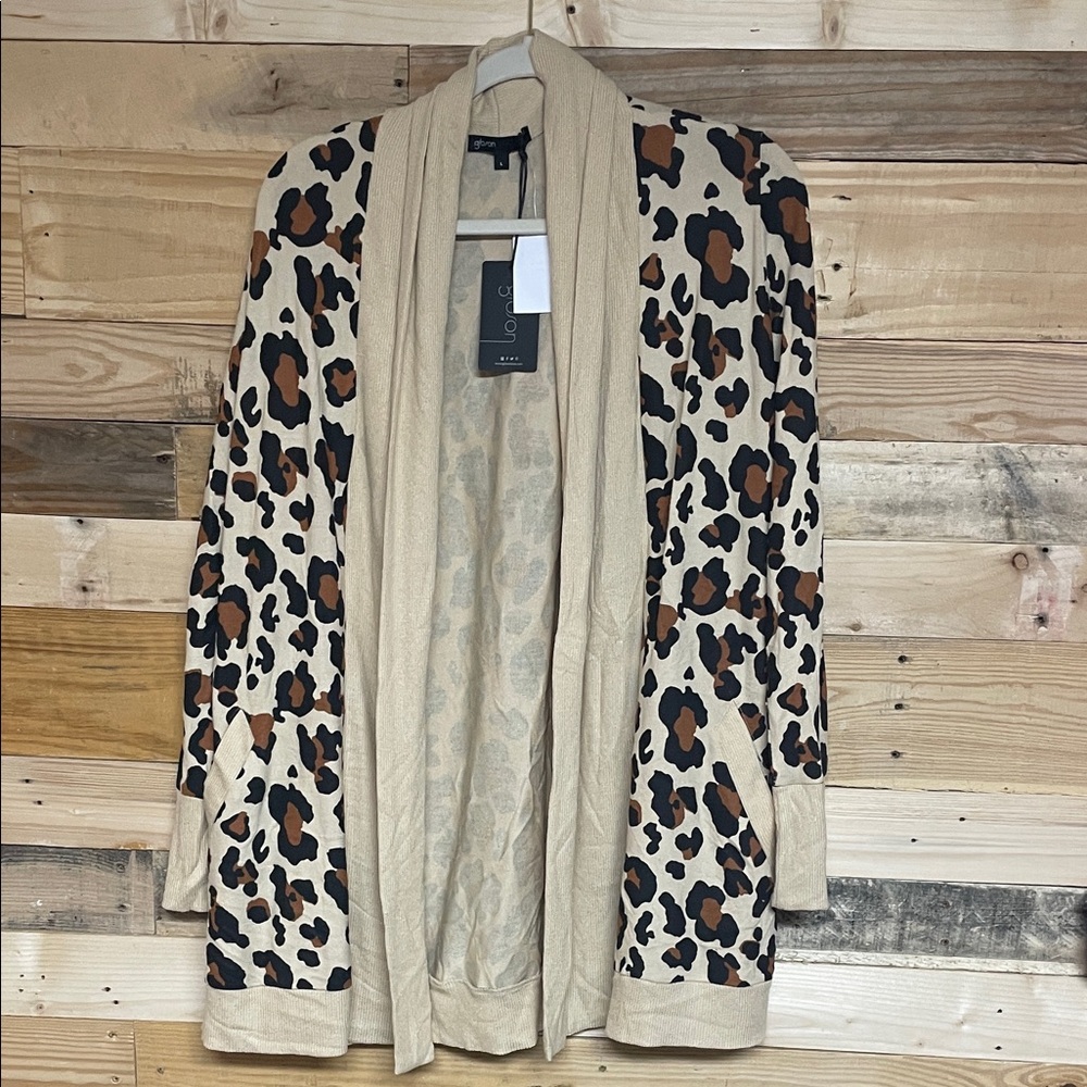 Gibson size Large Lightweight Leopard Print Open Cardigan - Cream, Brown & Black